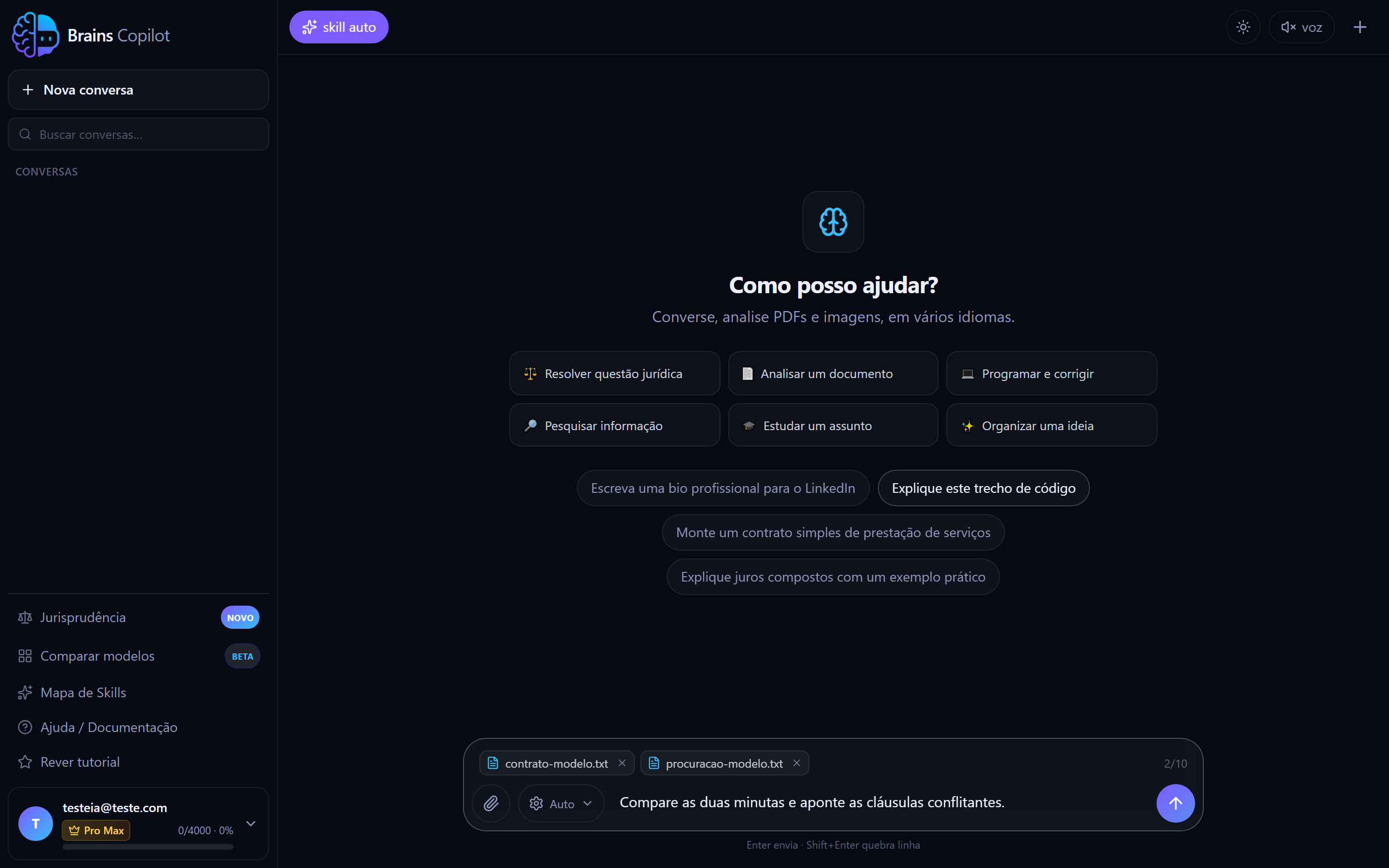 The chat composer, with two documents queued (Pro Max plan).
